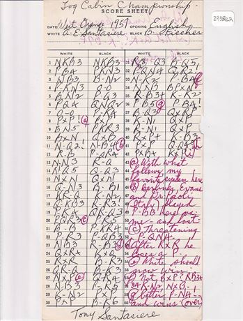 Game score written in A.E. Santasiere’s hand.