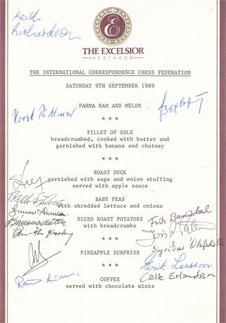 Dinner Menu ICCF 9 September 1989
